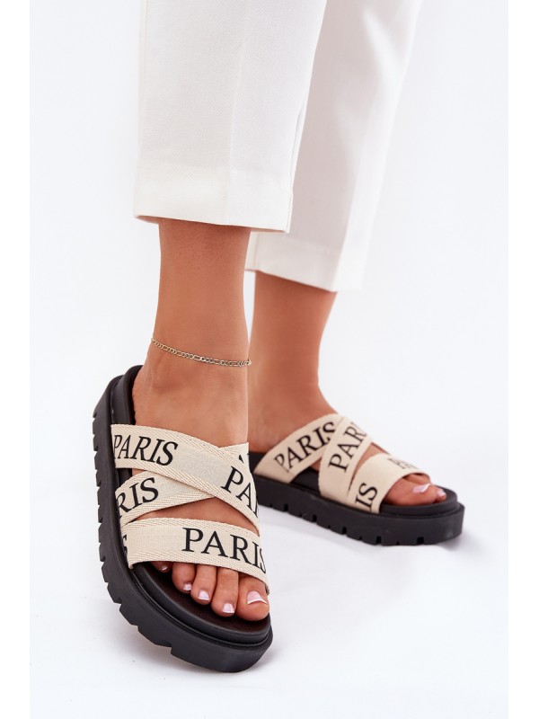 Women's Slippers With Fabric Straps Paris On Platform Beige Celinea