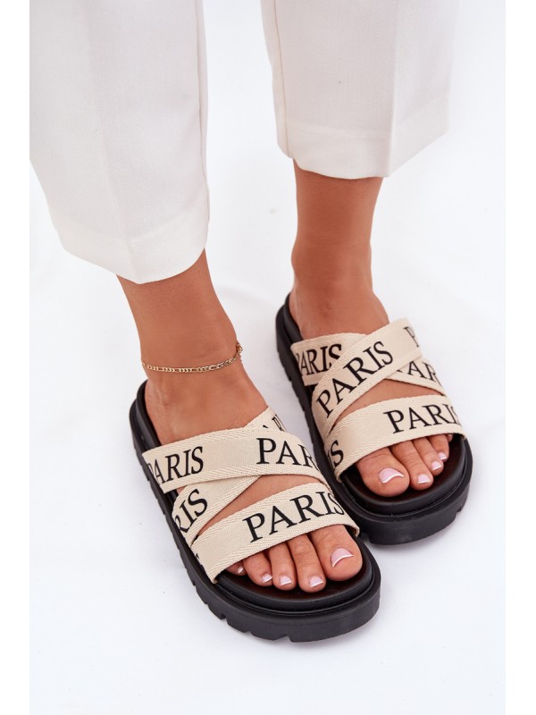 Women's Slippers With Fabric Straps Paris On Platform Beige Celinea