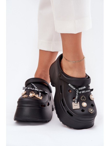 Women's Slide Sandals On Chunky Platform With Embellishments Black Vivira