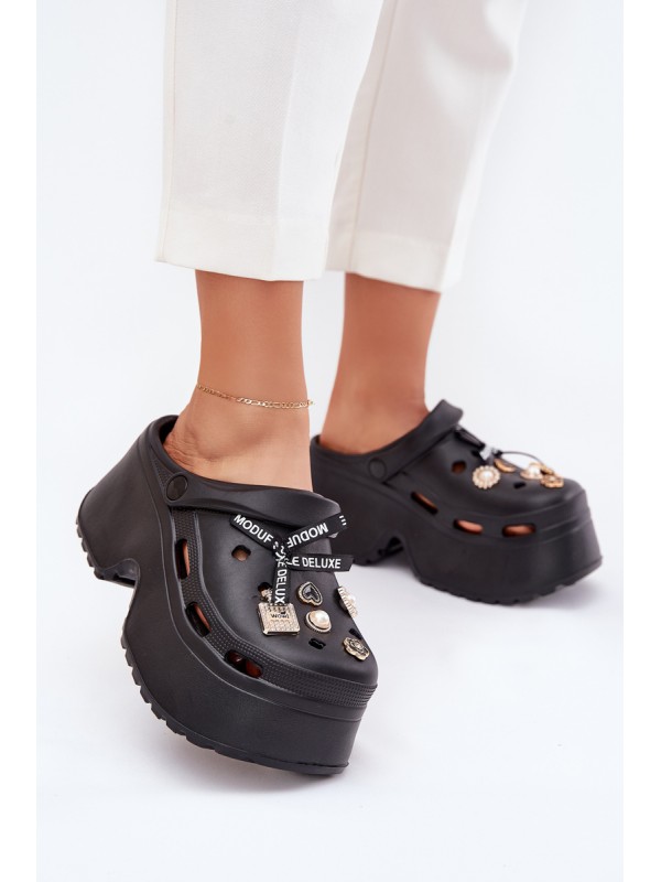 Women's Slide Sandals On Chunky Platform With Embellishments Black Vivira