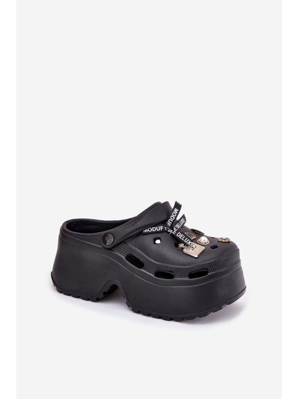 Women's Slide Sandals On Chunky Platform With Embellishments Black Vivira