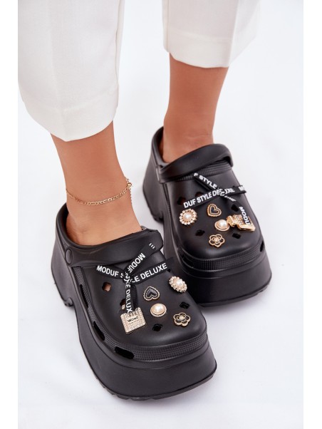 Women's Slide Sandals On Chunky Platform With Embellishments Black Vivira