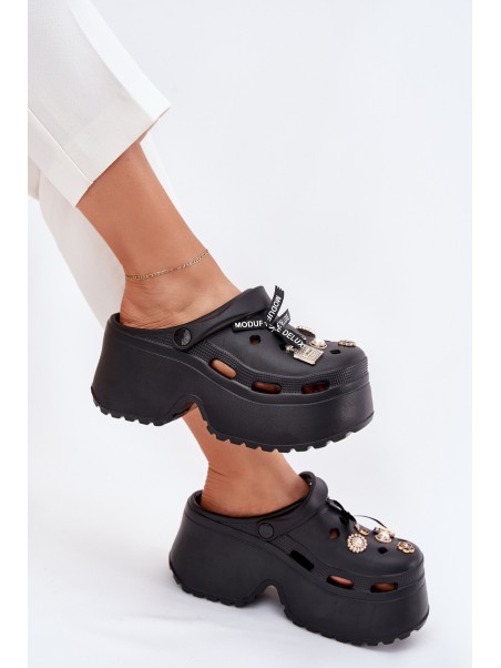 Women's Slide Sandals On Chunky Platform With Embellishments Black Vivira