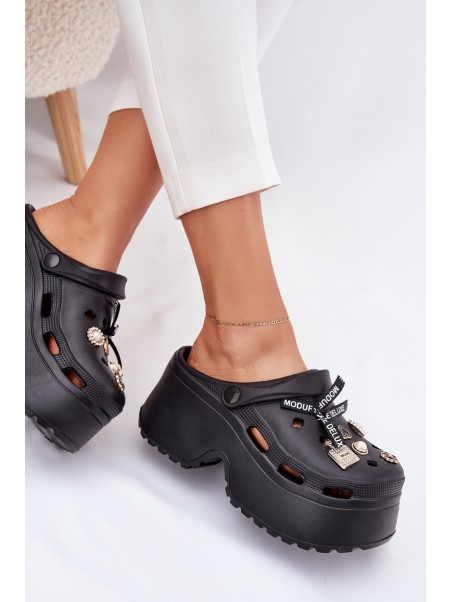 Women's Slide Sandals On Chunky Platform With Embellishments Black Vivira