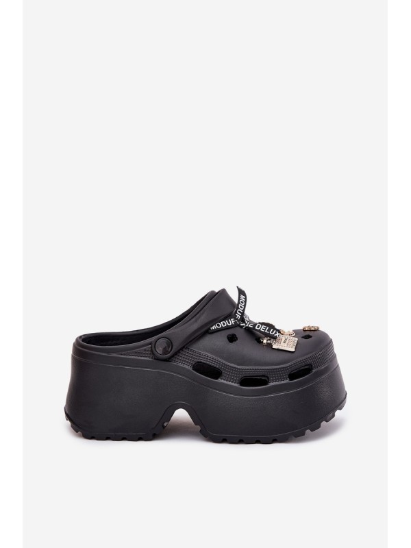 Women's Slide Sandals On Chunky Platform With Embellishments Black Vivira
