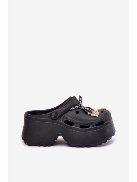 Women's Slide Sandals On Chunky Platform With Embellishments Black Vivira