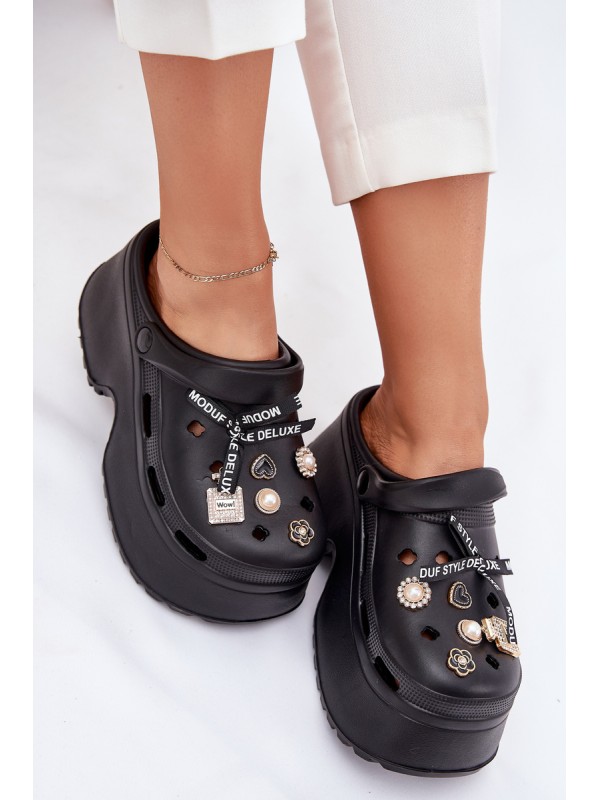 Women's Slide Sandals On Chunky Platform With Embellishments Black Vivira
