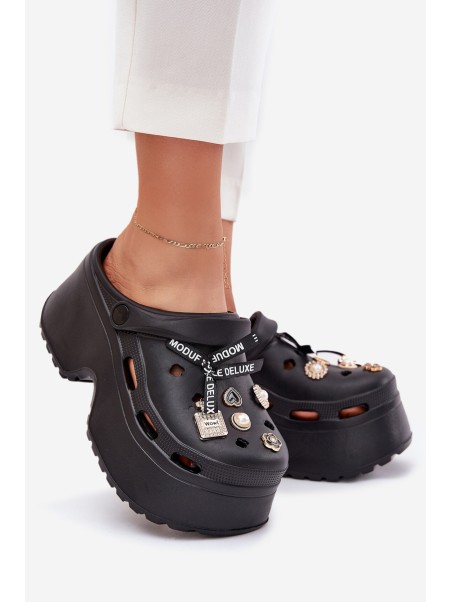 Women's Slide Sandals On Chunky Platform With Embellishments Black Vivira