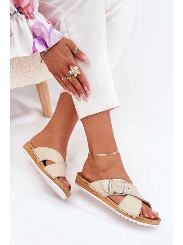 Women Leather Slippers With Buckle Beige Inblu VO0004GU