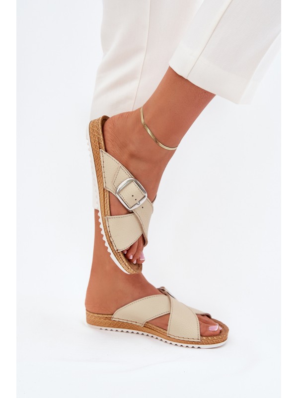 Women Leather Slippers With Buckle Beige Inblu VO0004GU
