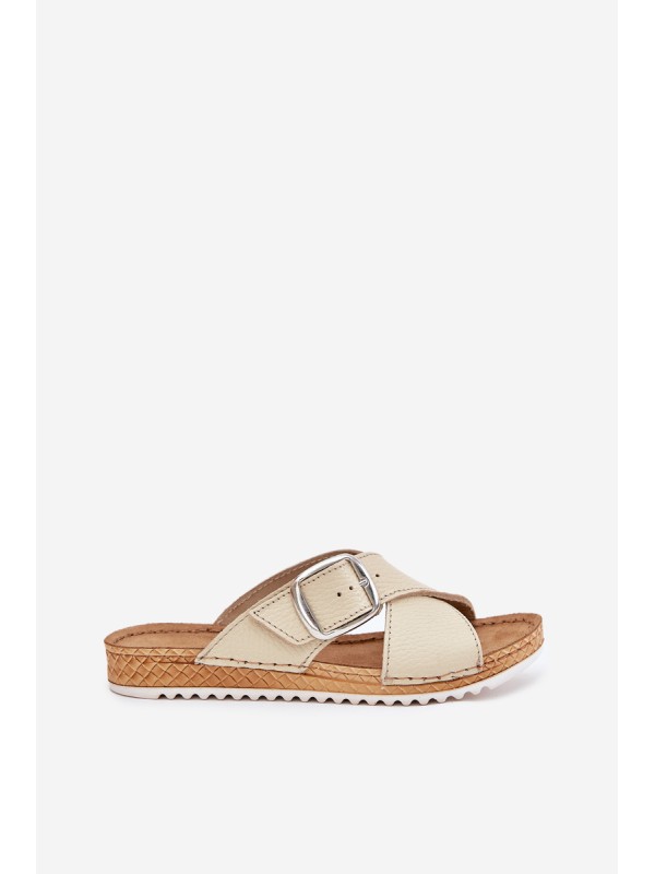 Women Leather Slippers With Buckle Beige Inblu VO0004GU
