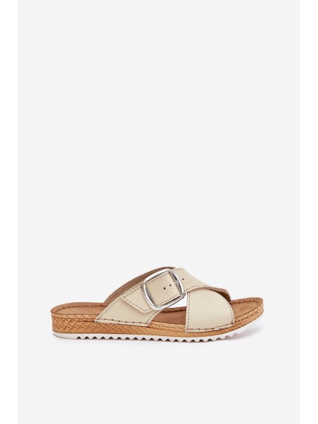Women Leather Slippers With Buckle Beige Inblu VO0004GU