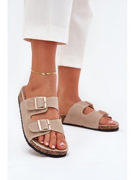Women's Sandals With Golden Buckles And Stitching Beige Lunera