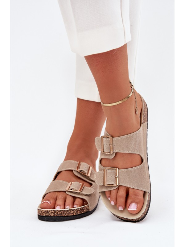 Women's Sandals With Golden Buckles And Stitching Beige Lunera