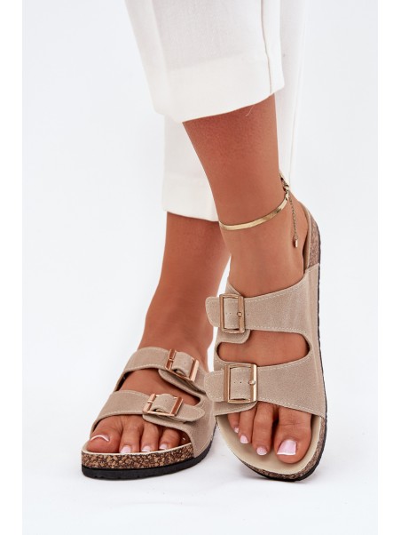 Women's Sandals With Golden Buckles And Stitching Beige Lunera