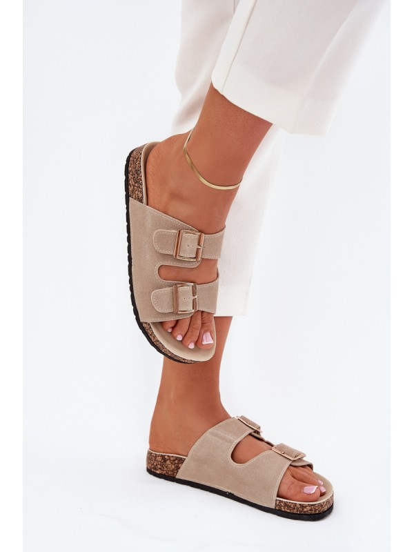 Women's Sandals With Golden Buckles And Stitching Beige Lunera