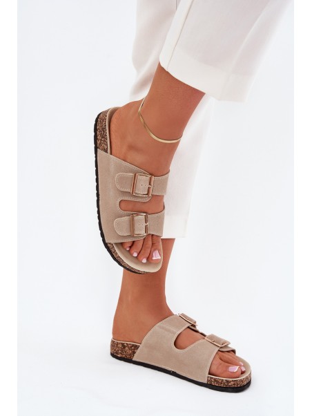 Women's Sandals With Golden Buckles And Stitching Beige Lunera