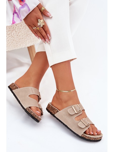 Women's Sandals With Golden Buckles And Stitching Beige Lunera