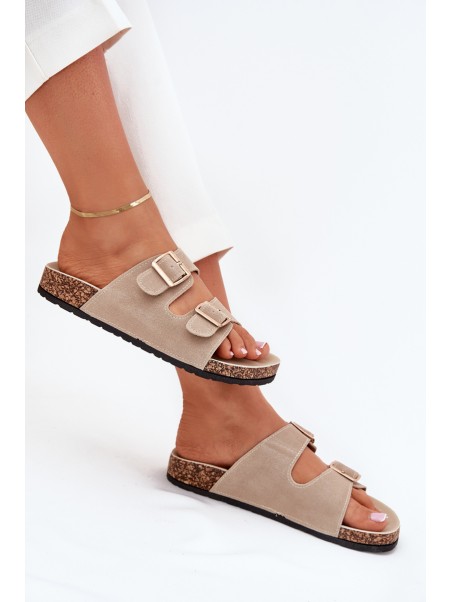 Women's Sandals With Golden Buckles And Stitching Beige Lunera
