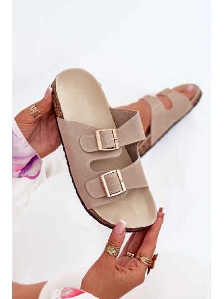 Women's Sandals With Golden Buckles And Stitching Beige Lunera