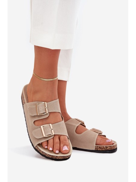 Women's Sandals With Golden Buckles And Stitching Beige Lunera