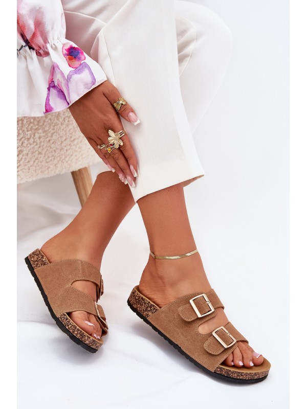 Ladies Slippers With Golden Buckles And Stitching Light Brown Lunera