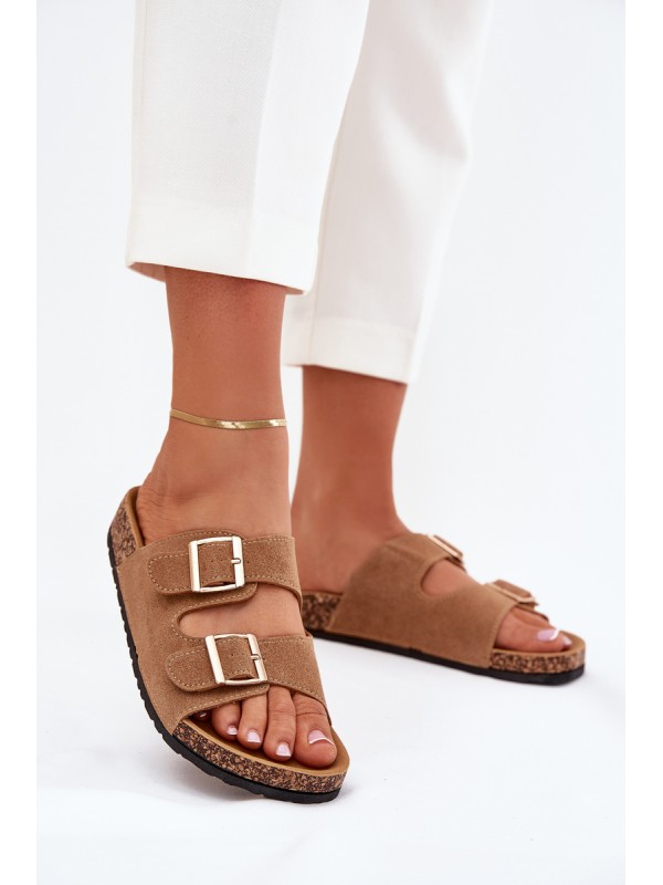 Ladies Slippers With Golden Buckles And Stitching Light Brown Lunera