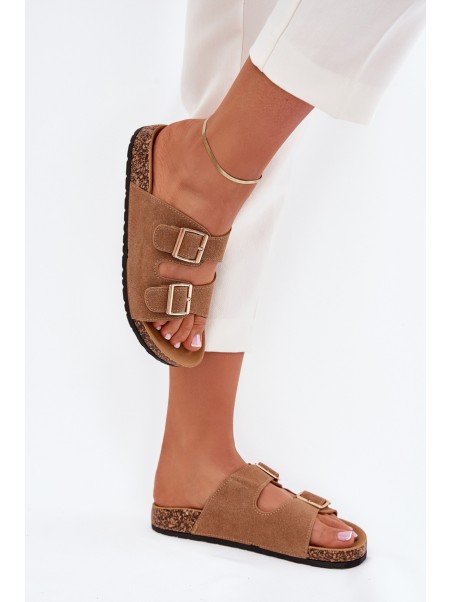 Ladies Slippers With Golden Buckles And Stitching Light Brown Lunera