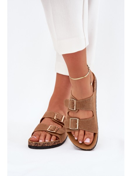 Ladies Slippers With Golden Buckles And Stitching Light Brown Lunera