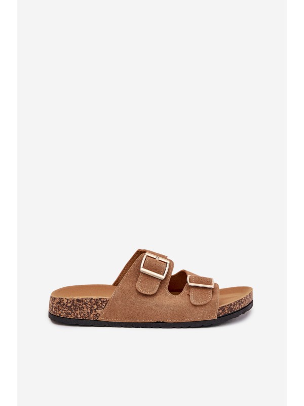 Ladies Slippers With Golden Buckles And Stitching Light Brown Lunera