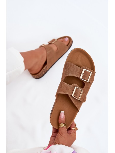 Ladies Slippers With Golden Buckles And Stitching Light Brown Lunera
