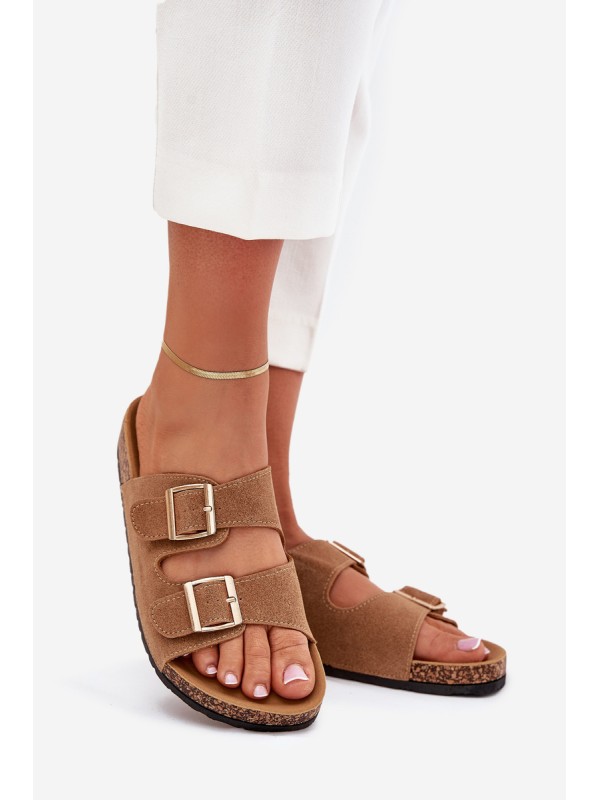 Ladies Slippers With Golden Buckles And Stitching Light Brown Lunera