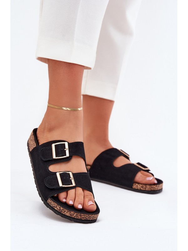 Women's Sandals With Golden Buckles And Stitching Black Lunera