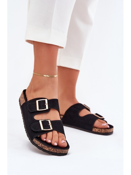 Women's Sandals With Golden Buckles And Stitching Black Lunera