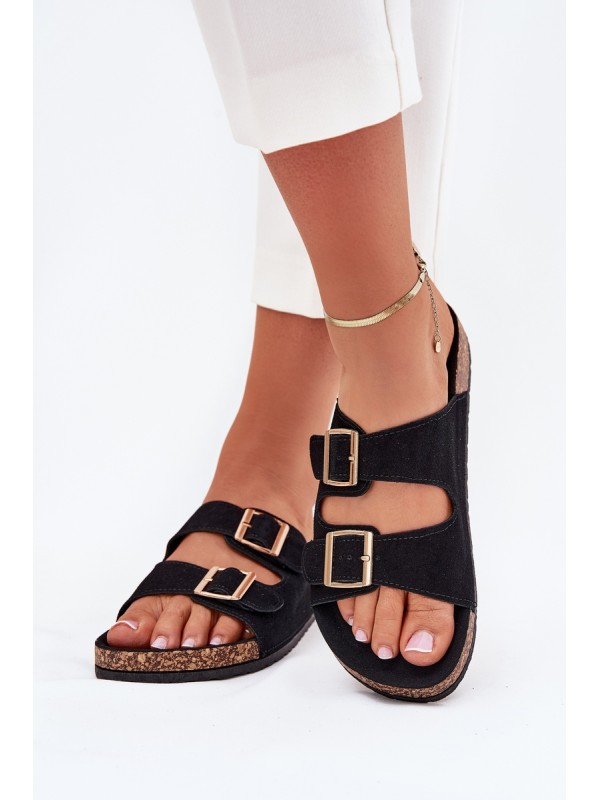 Women's Sandals With Golden Buckles And Stitching Black Lunera