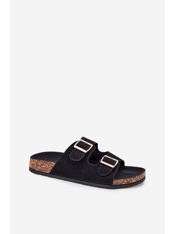 Women's Sandals With Golden Buckles And Stitching Black Lunera