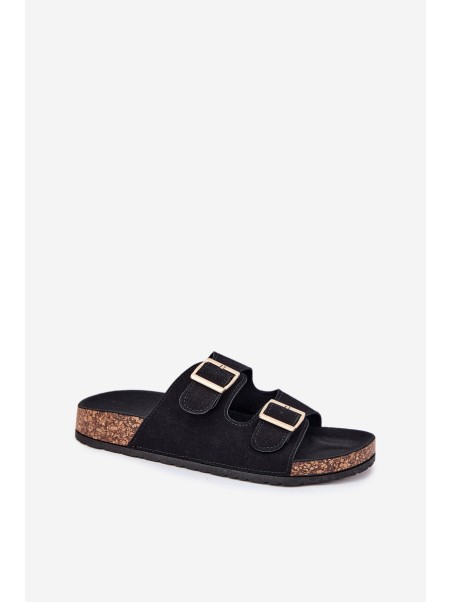 Women's Sandals With Golden Buckles And Stitching Black Lunera