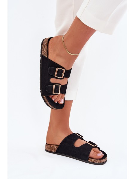 Women's Sandals With Golden Buckles And Stitching Black Lunera