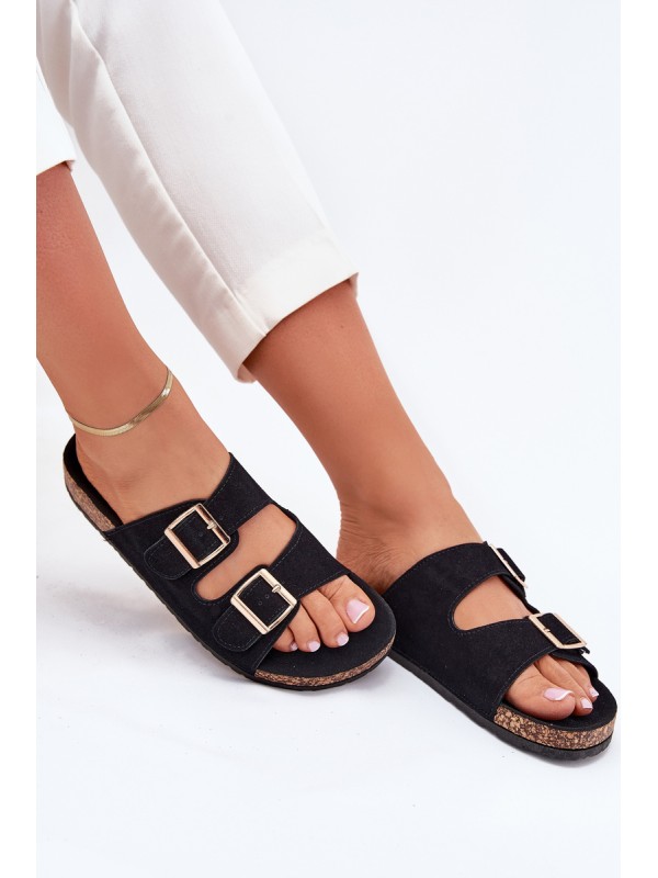 Women's Sandals With Golden Buckles And Stitching Black Lunera