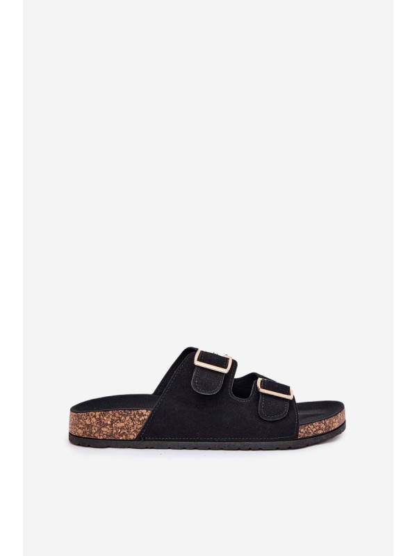 Women's Sandals With Golden Buckles And Stitching Black Lunera