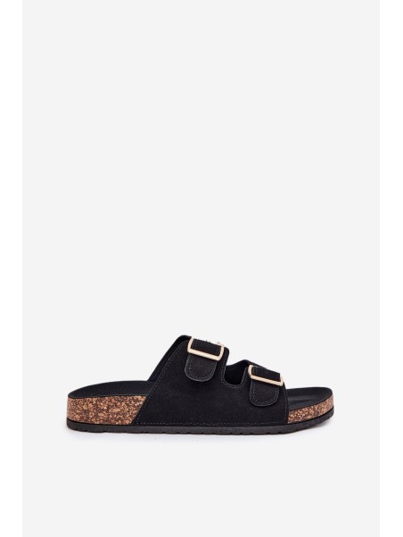 Women's Sandals With Golden Buckles And Stitching Black Lunera