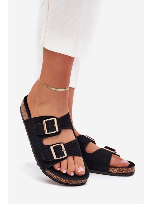Women's Sandals With Golden Buckles And Stitching Black Lunera