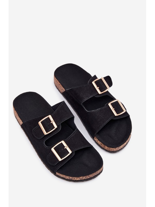 Women's Sandals With Golden Buckles And Stitching Black Lunera