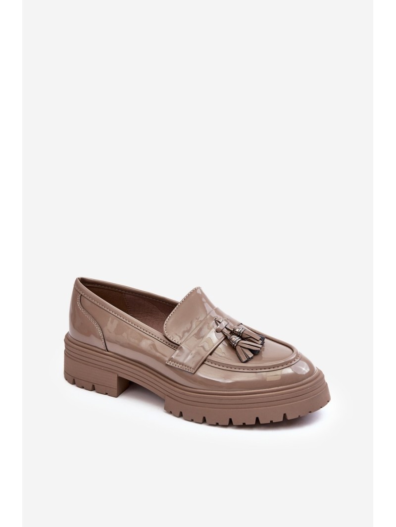 Lacquered Loafers with Fringes Dark Beige Velenase