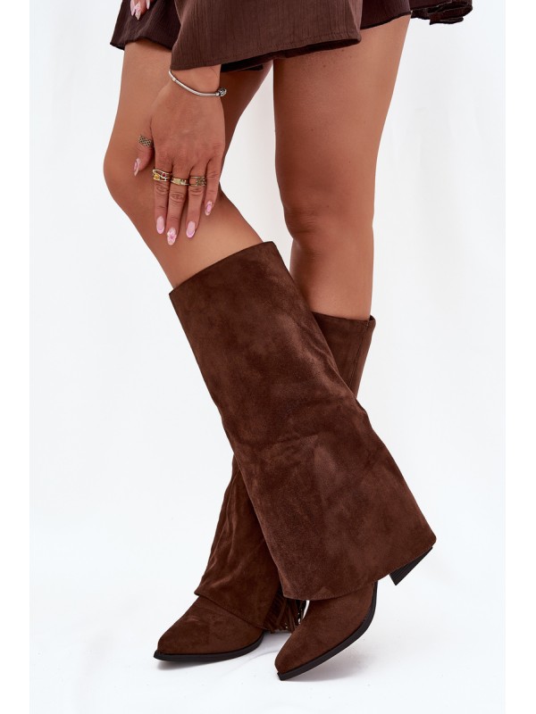Women's Slip-On Cowboy Boots With Heels And Fringes Brown Zalia