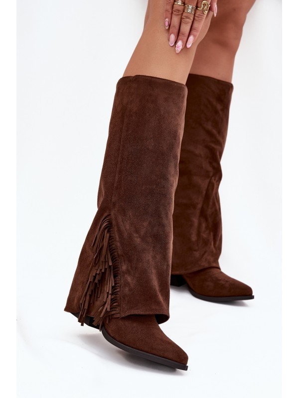 Women's Slip-On Cowboy Boots With Heels And Fringes Brown Zalia 2