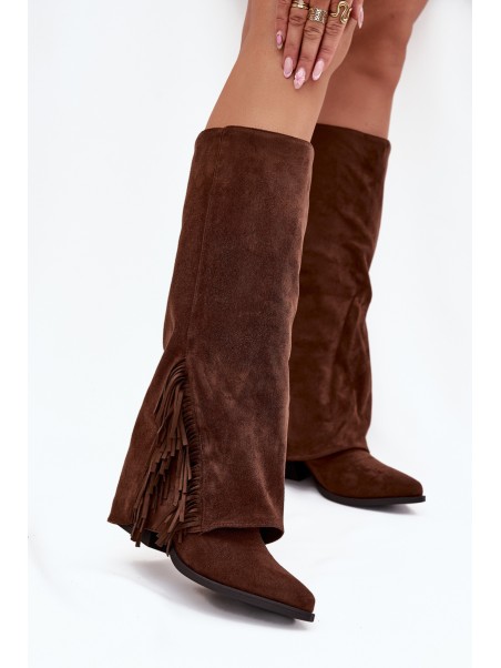 Women's Slip-On Cowboy Boots With Heels And Fringes Brown Zalia
