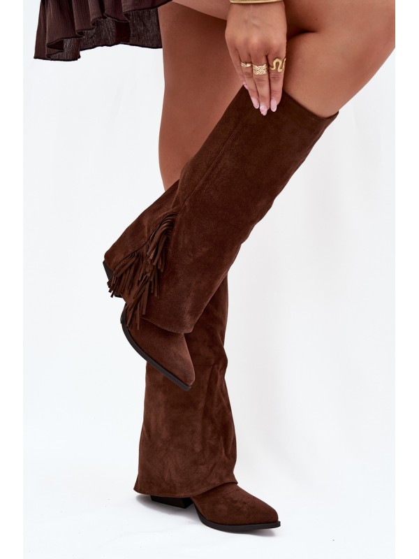 Women's Slip-On Cowboy Boots With Heels And Fringes Brown Zalia