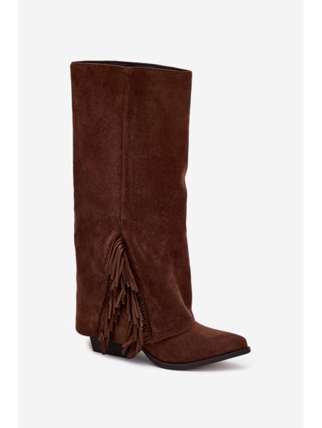 Women's Slip-On Cowboy Boots With Heels And Fringes Brown Zalia