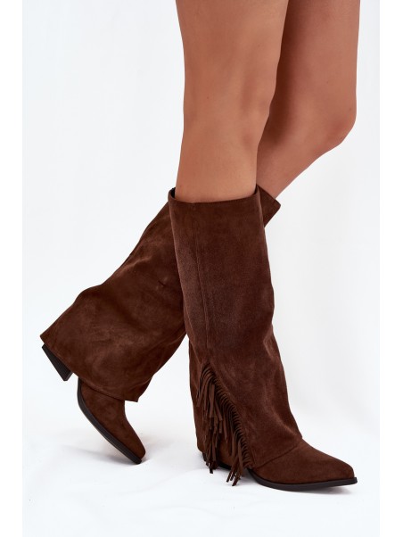 Women's Slip-On Cowboy Boots With Heels And Fringes Brown Zalia
